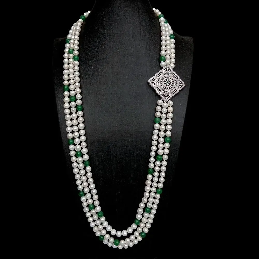 3 Strands Freshwater Cultured White Pearl Green Jade Cz Pave Pendant Necklace lady jewelry 32