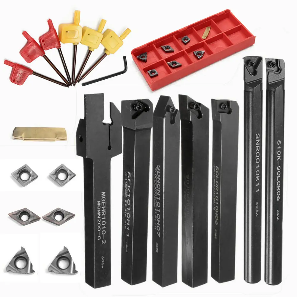 Ensemble d'outils de tournage pour tour à métaux, comprenant un porte-plaquette en carbure de 10 mm, pour le traitement des métaux, l'usinage et l'équipement industriel de tournage.