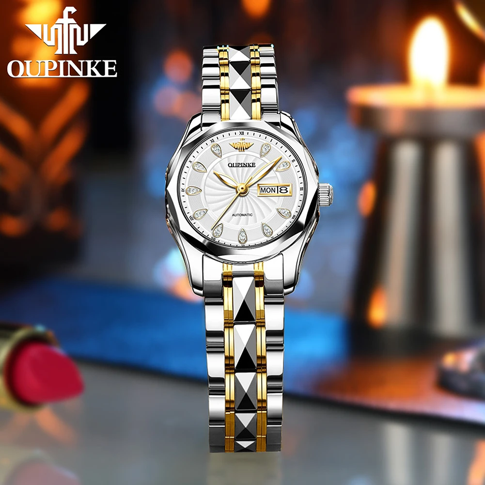 OUPINKE Top Luxury Women Wristwatch Automatic Mechanical Waterproof Watches Sapphire Mirror Tungsten Steel Watchstrap Lady Watch