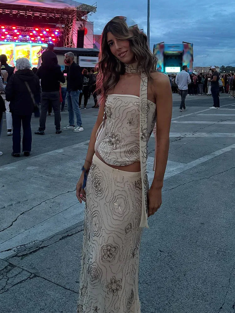 HH Women Elegant Skirt Set Pleated Sleeveless Beaded Decoration Backless Shorts Tops+High Waist A-Line Mesh Long Skirt Suits