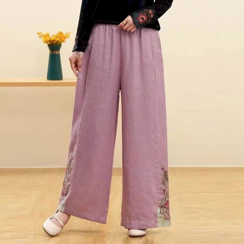 

Cotton Linen Pants Women Loose Casual Embroidery Baggy Pants Vintage Summer Korean Style Elastic Waisted Trousers Wide Leg Pants