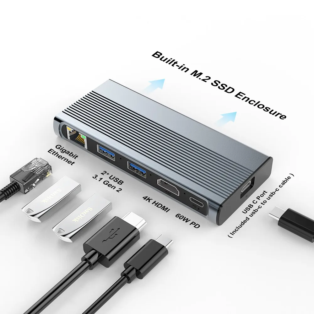 Best seller Ethernet port 10Gbps charging usb c hub M key B&M key M.2 Nvme SSD enclosure