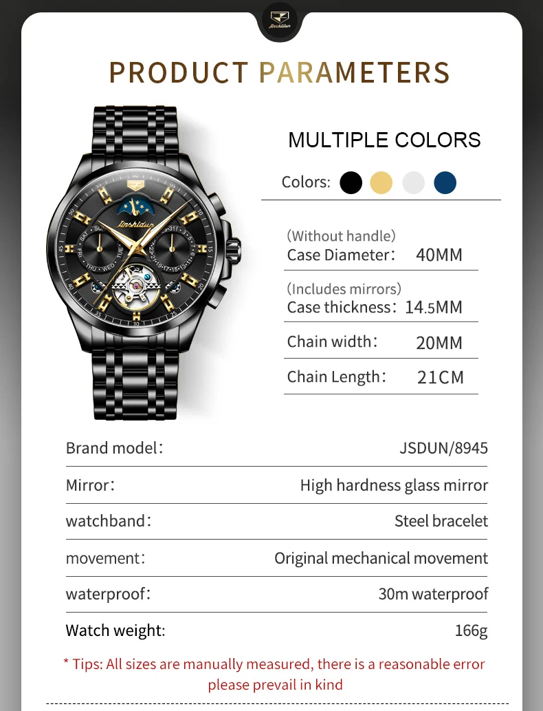 JSDUN 8945 Mens Watches Skeleton Flywheel Automatic Mechanical Wristwatch Calendar Moon Phase Original Luxury Business Man Watch