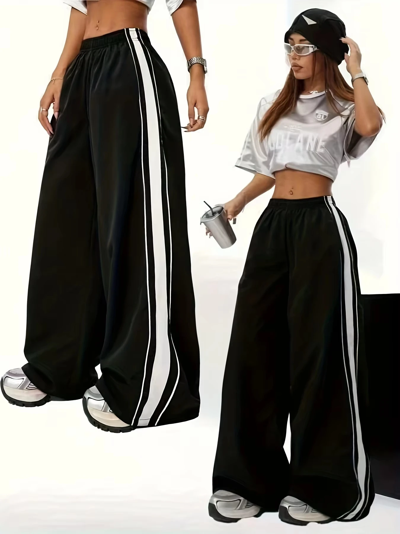 Men Women Quick Dry Straight Long Pants Trousers Side Triple White Stripes Elastic Drawstring Streetwear Sports Sweatpants