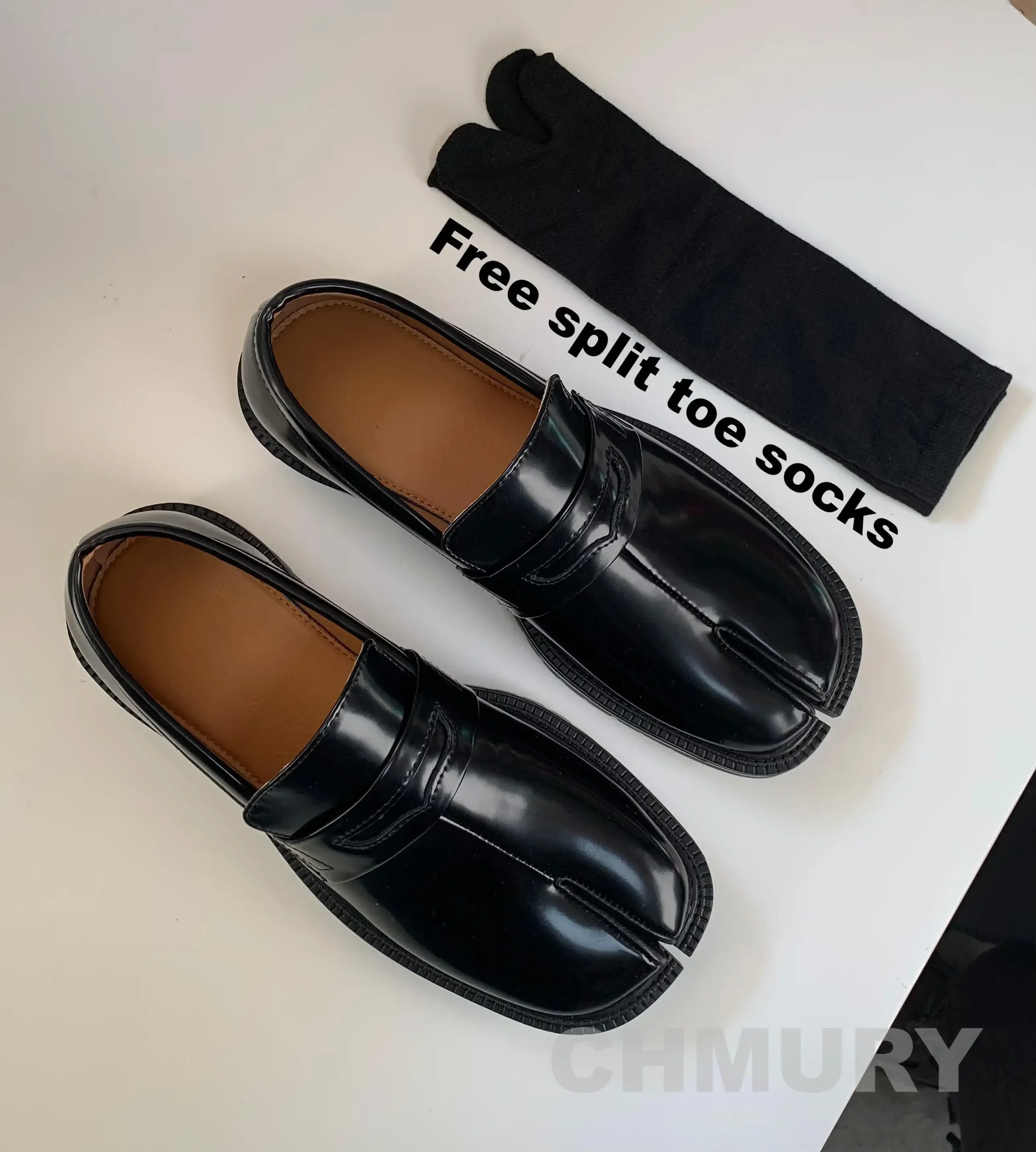 

CHMURY Tabi Loafers Men Women Split Toe Thick Sole Casual Patent Leather Tabis Tebby Tabbi Black Flats Chunky Mocassin Tabi