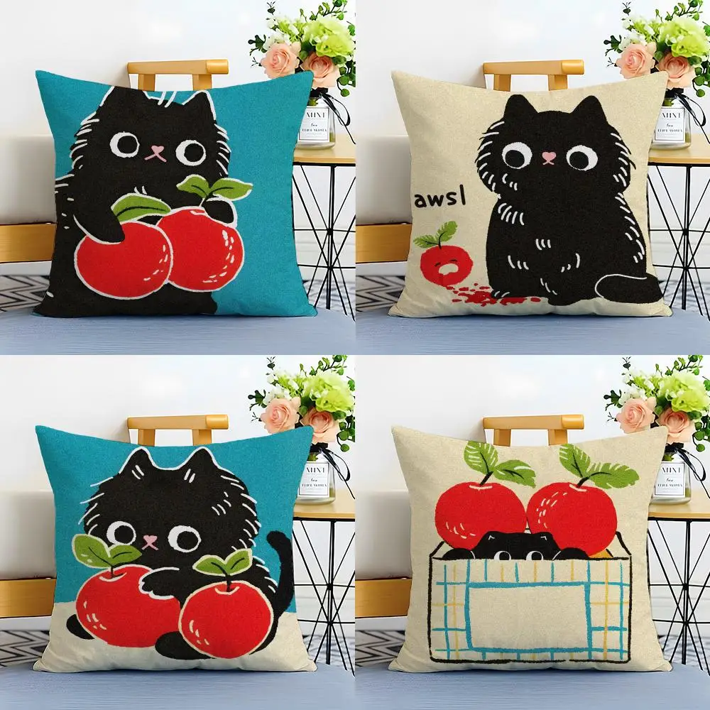 Cartoon hand-drawn cat Cushion Cover Washable Linen comfort Soft  for Sofa Bed Cozy Home Room Decor