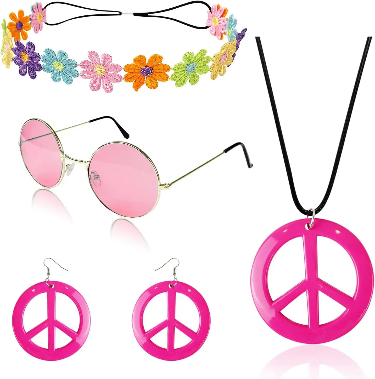 

70s Hippie Costume Set: Peace Necklace, Earrings, Flower Crown & Colored Sunglasses