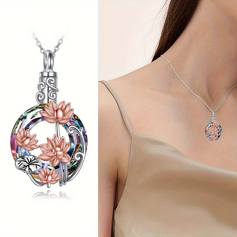 1PCS Lotus Kristall Urne Halsketten Für Haustier Asche Container Runde Feuerbestattung Andenken Schmuck Für Pet Memorial Frauen Halskette – Detail 4