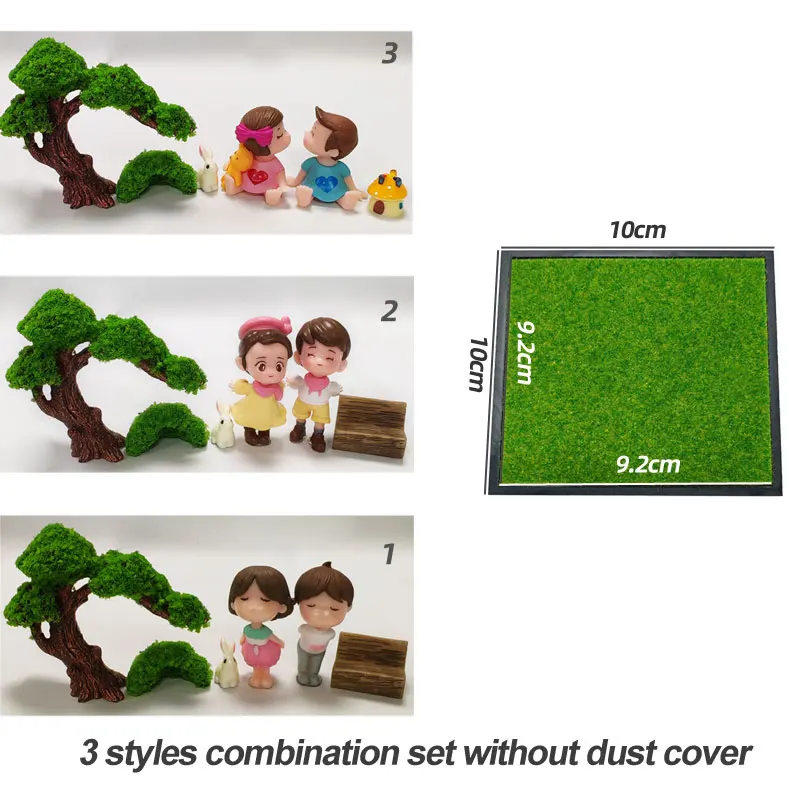 1 set of Miniature Garden Models Kissing Couple Ornaments Plants with Fake Lawn Decoration Base Display Box Kit Handicrafts