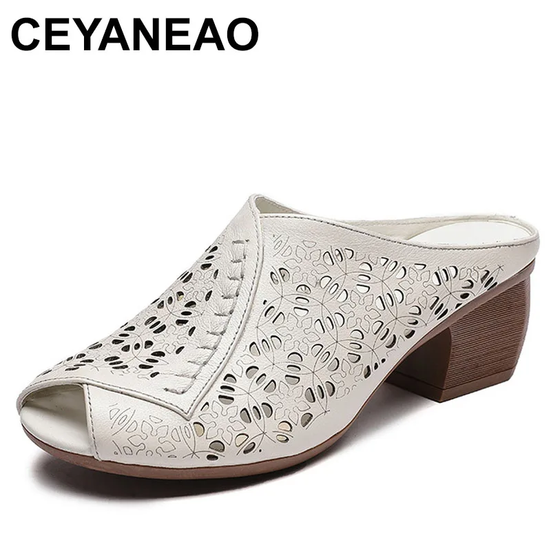 

New Fish Mouth Hollow Genuine Leather Shoes Women Slippers Thick Heels Summer Women Slippers