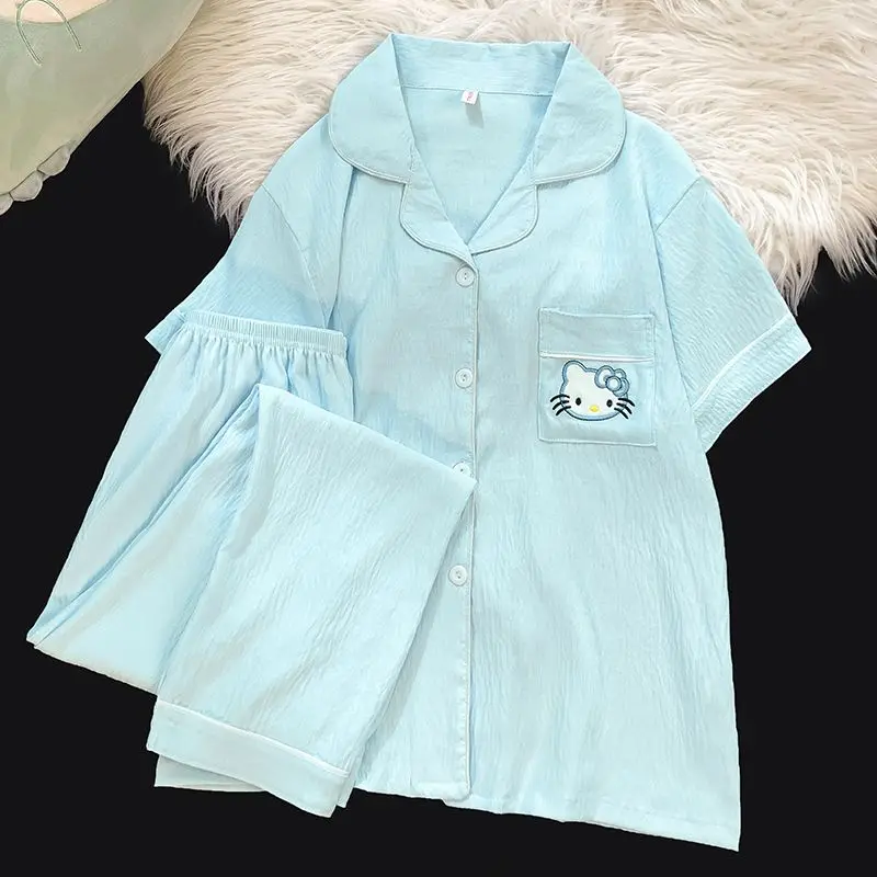 

Summer sweet ins style Hello Kitty cute cartoon cardigan short-sleeved trousers two-piece loungewear can be worn outside