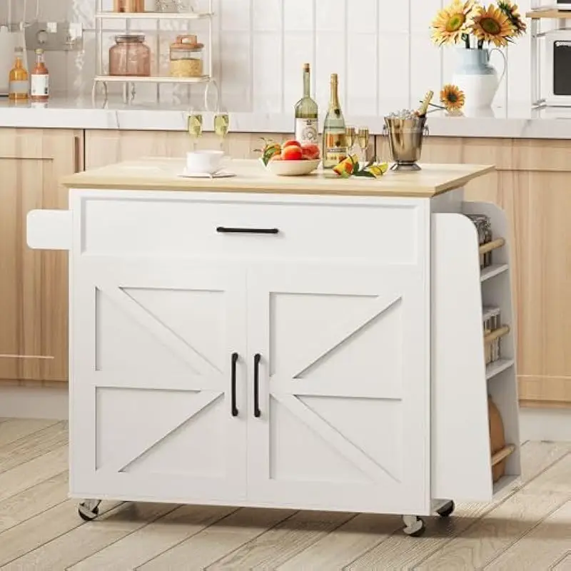 Rolling Kitchen Cart with Adjustable Cubby Shelves Drop Leaf Countertop 35.4 Inch Wide White Finish Locking Casters Power Outlet