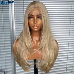 103# Futura Synthetic Hair Lace Front Wig with Bangs Honey Blonde Silky Straight Heat Resistant Half Hand Tied Wigs for Women