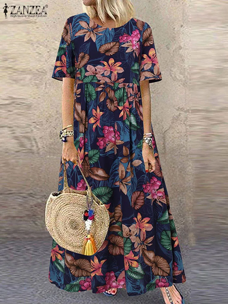 2023 ZANZEA Böhmischen Urlaub Sommerkleid Sommer Frauen Vintage Floral Bedruckte Kurzarm Strand Kleid Lose Lange Vestido Robe Femme