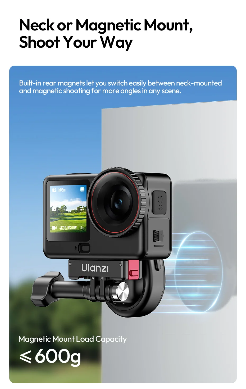 � Ulanzi ZJ09 Flexibler POV-Nackenhalter Magnetischer Verstellbarer Nackenhalter für Actionkameras für GoPro für DJI für Reise-Videos Vlog – Detail 5