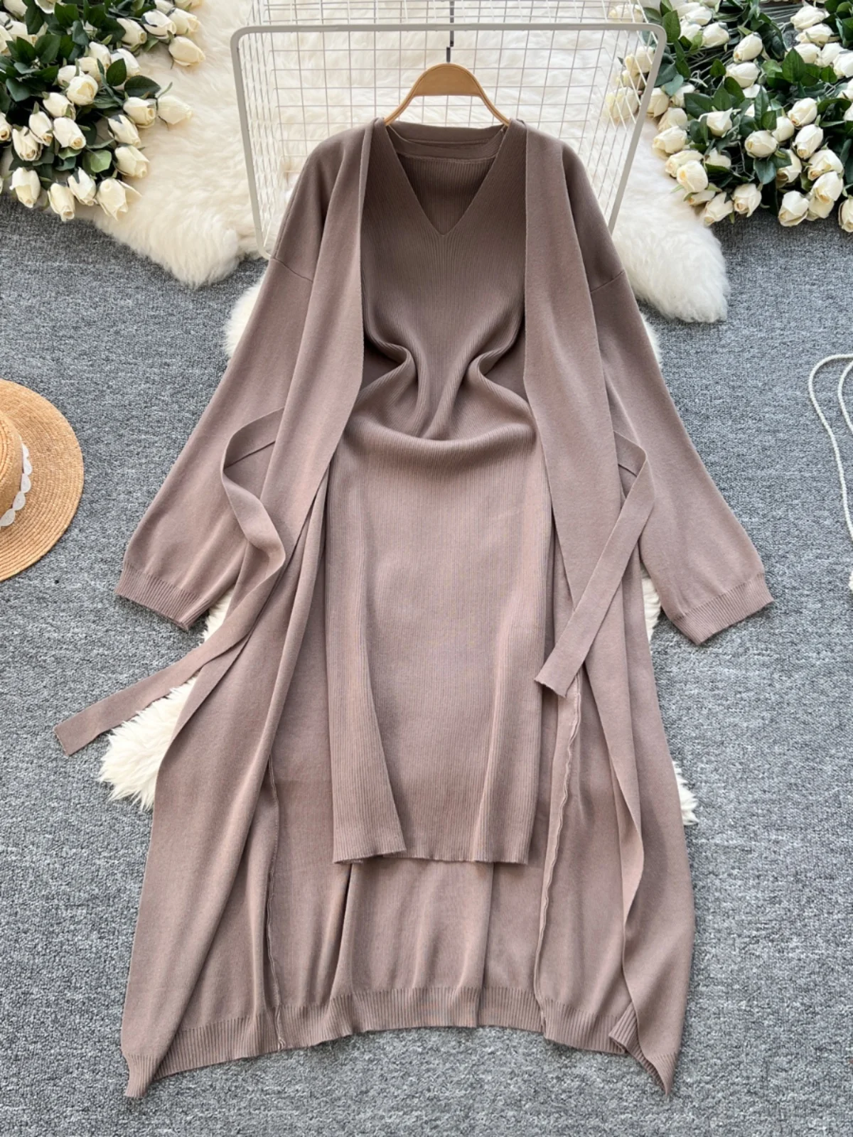 

mat Luxury Color Knitted Set Women's Winter V-Ne Svel Dr plus Loose Open Cardigan Mid-Length Coat