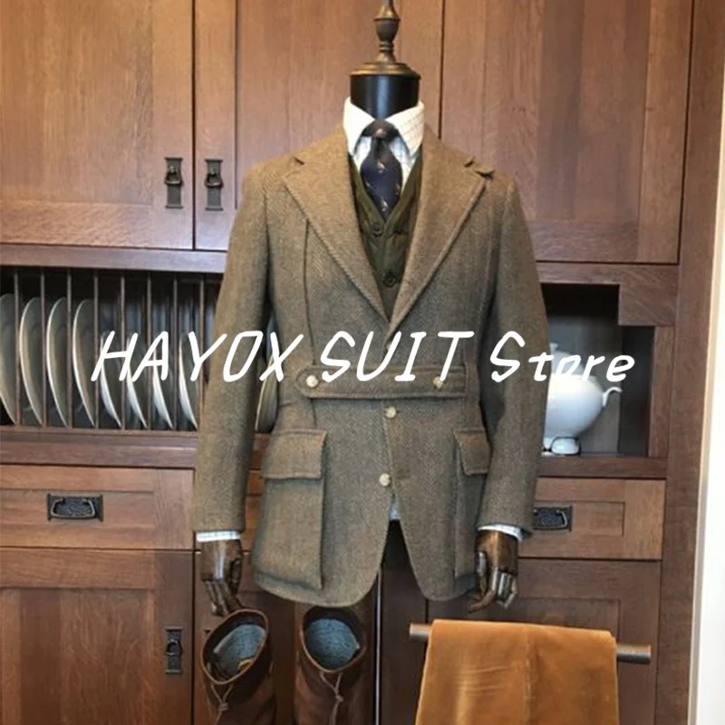 2022 New Vintage Men's Herringbone Jacket Slim Fit Men Ensembles De Blazers For Wedding Tuxedo