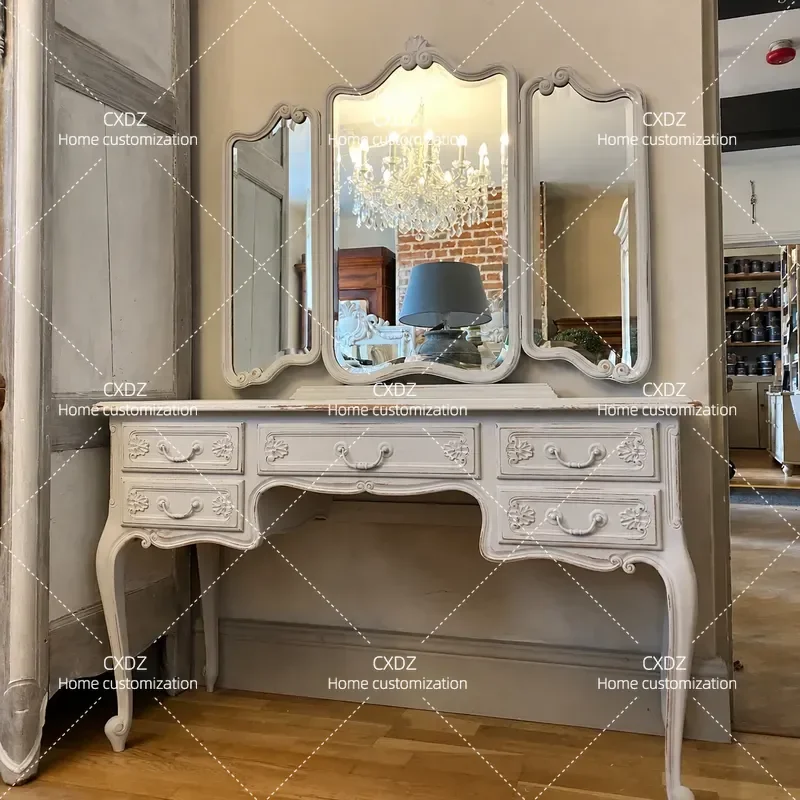 American Retro Solid Wood Dresser with Mirror Engraved Storage Customizable Makeup Table with Drawers