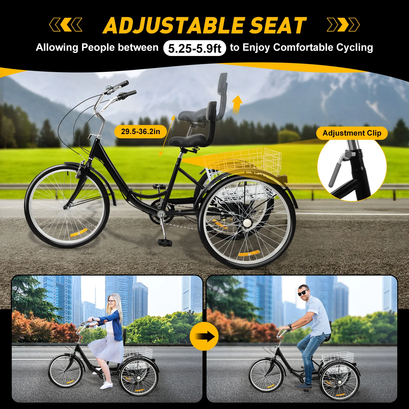 24 inch 7-speed Folding Tricycle for Adults 3-Wheel Bicycle Senior Cruise Trike Bike with Shopping Basket