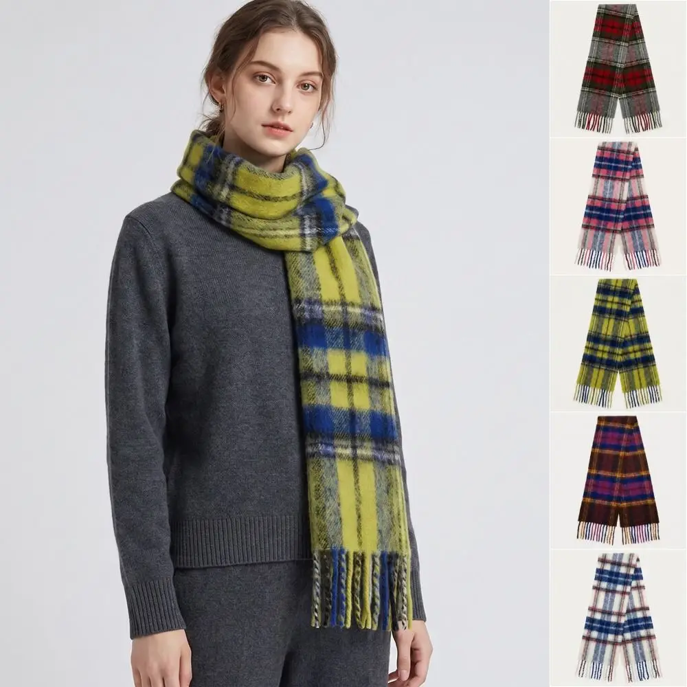Simple Long Plaid Scarf Plush Retro Winter Cashmere Scarves Imitation Cashmere Preppy Tassel Shawl Girl