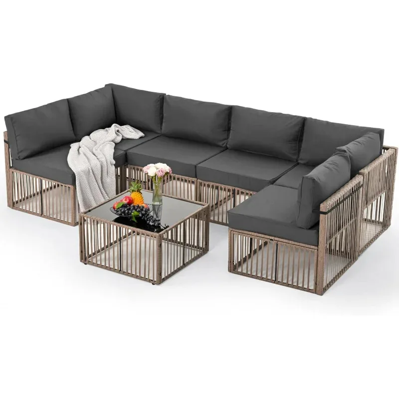 

QWQPamapic 7 Pieces Outdoor Sectional , All-Weather PE Rattan Conversation , Wicker Adjustable Patio Furniture Set wit