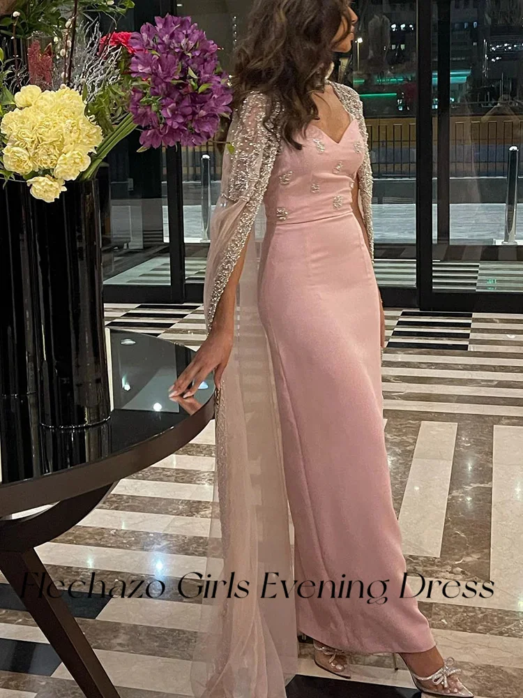 Flechazo Pink Luxury Prom Dresses Sweetheart Handmade Beads Cape Formal Party Elegant Dress For Women 2024 vestidos de noche