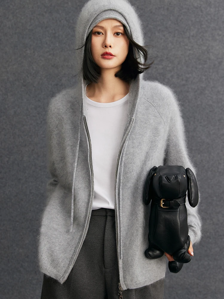 

TLOML Chic Women‘s 100% Plush Cashmere Sweater Zipper Hooded Cardigan Autumn Winter Soft Warm Brushed Cashmere Knit Comfy Coat