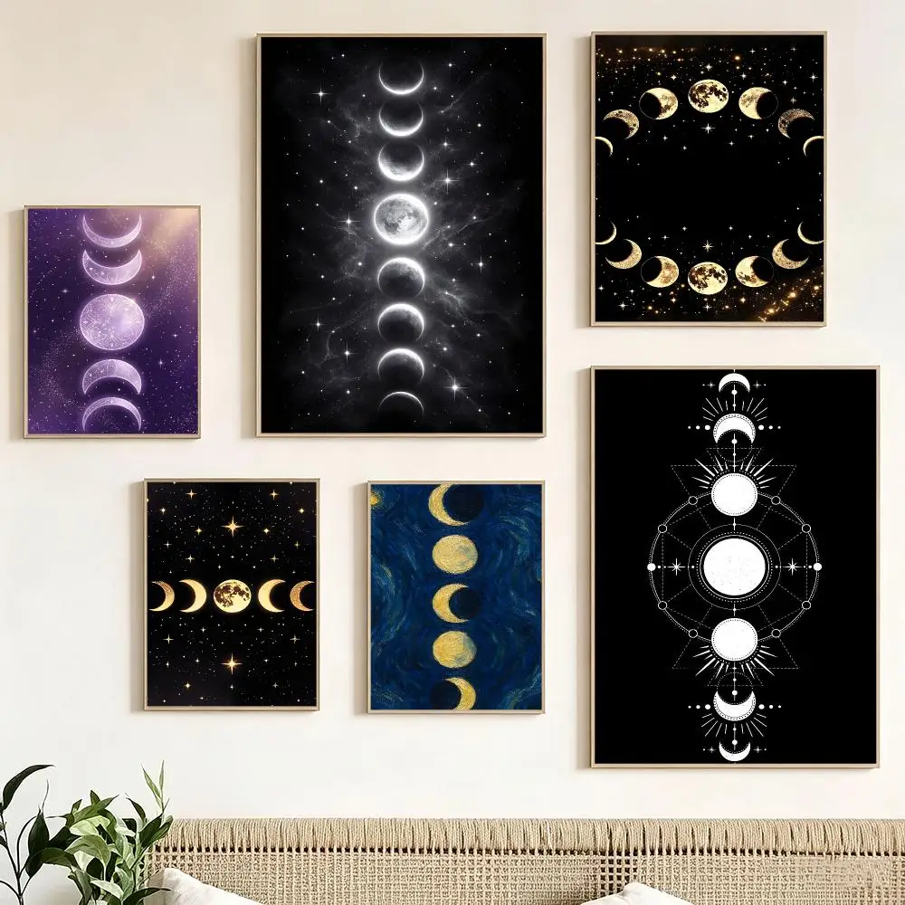 Moon Phases illustration Poster Pegatina artistica HD autoadhesiva impermeable para salon dormitorio