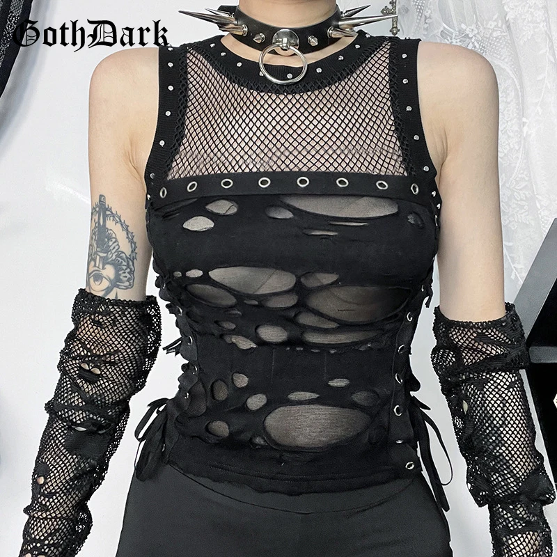 

Goth Dark Gothic Style Sleeveless Holes Patchwork Mesh Tanks Top Women Sheer Vest Punk Grunge Corn Bandage Crop Tops Streetwear