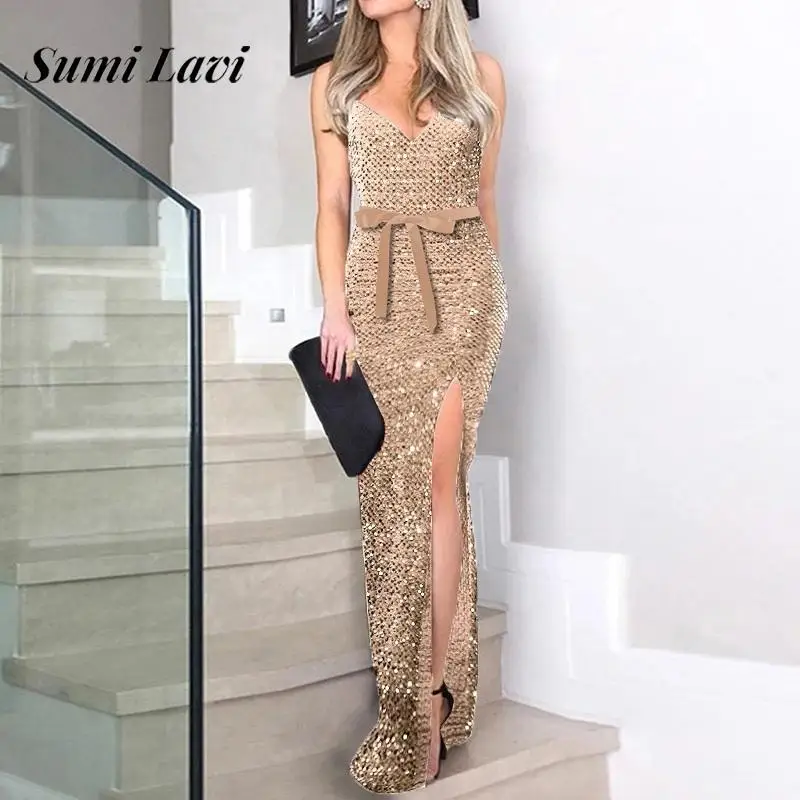 Elegant Deep V-neck Split Club Party Dress Lady Fashion High Waist Solid Long Dress Sexy Shiny Sequin Sleeveless Slim Maxi Dress