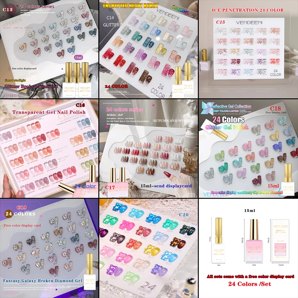 

Vendeeni 24 Colors/set Flash Broken Diamond Gel Nail Polish Cat Eye Crystal Transparent Varnish With Color Card TPO/HEMA Free