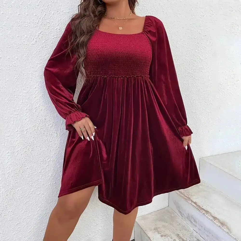 

2025 Women's Plus Size Square Neck Elegant Style Dress, Autumn and Winter High Waisted Pleated Wine Red Mid Skirt Casual Y2k