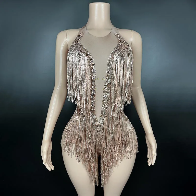 New Fashion Latin Dance Gymnastics Performance Clothes Hanging Neck Sexy Fringe Short Jumpsuit