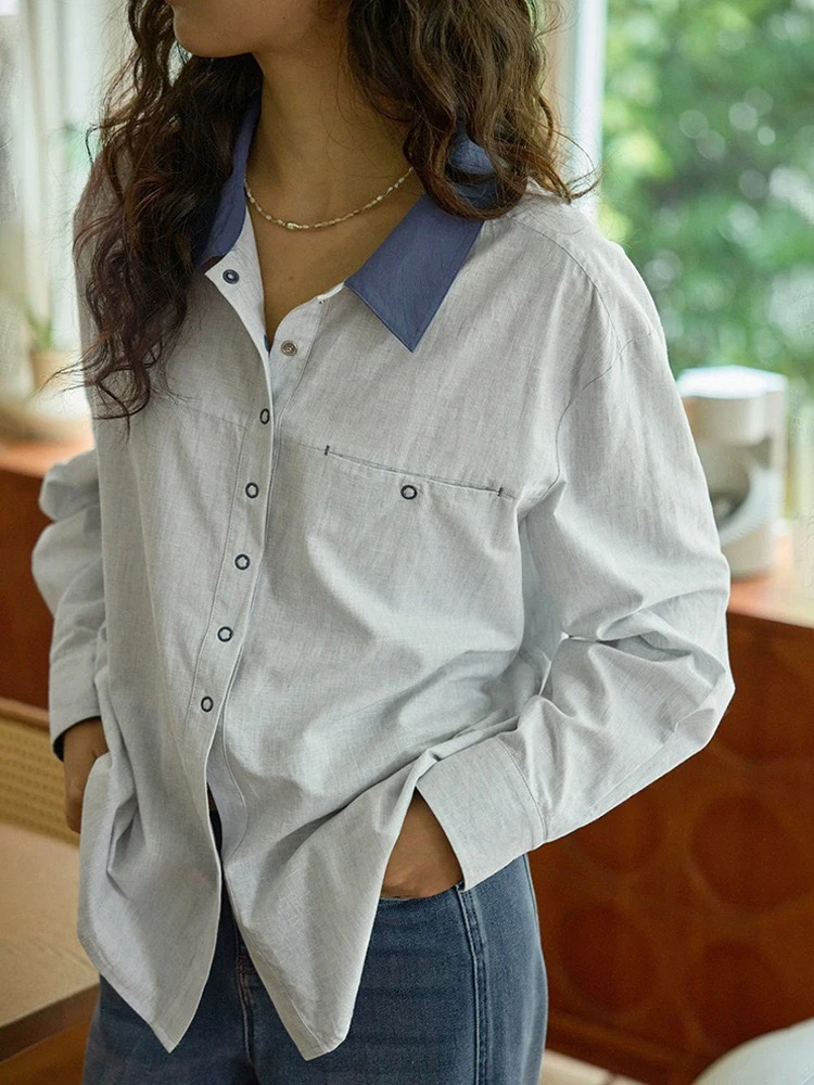 

Loose Long Sve Collared Patchwork Color irt Spring 2026 Casual Sle Women's Cotton Linen Blend HEIDD Early Spring Design