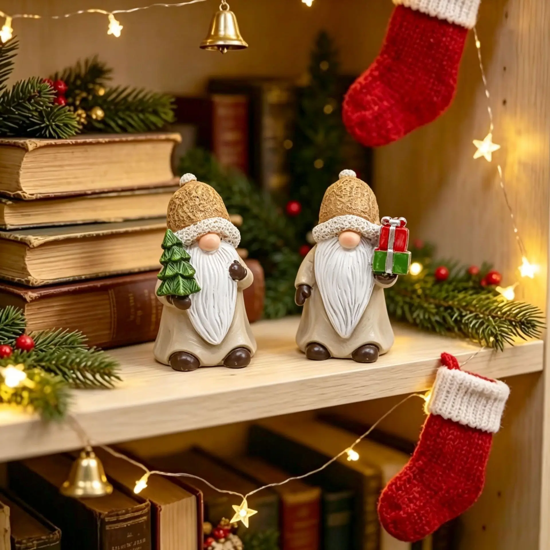 2pcs Christmas Dwarf Ornament Handheld Christmas Tree Gift Box Dwarf Figurines Resin Crafts Statue Christmas Home Desk Decor