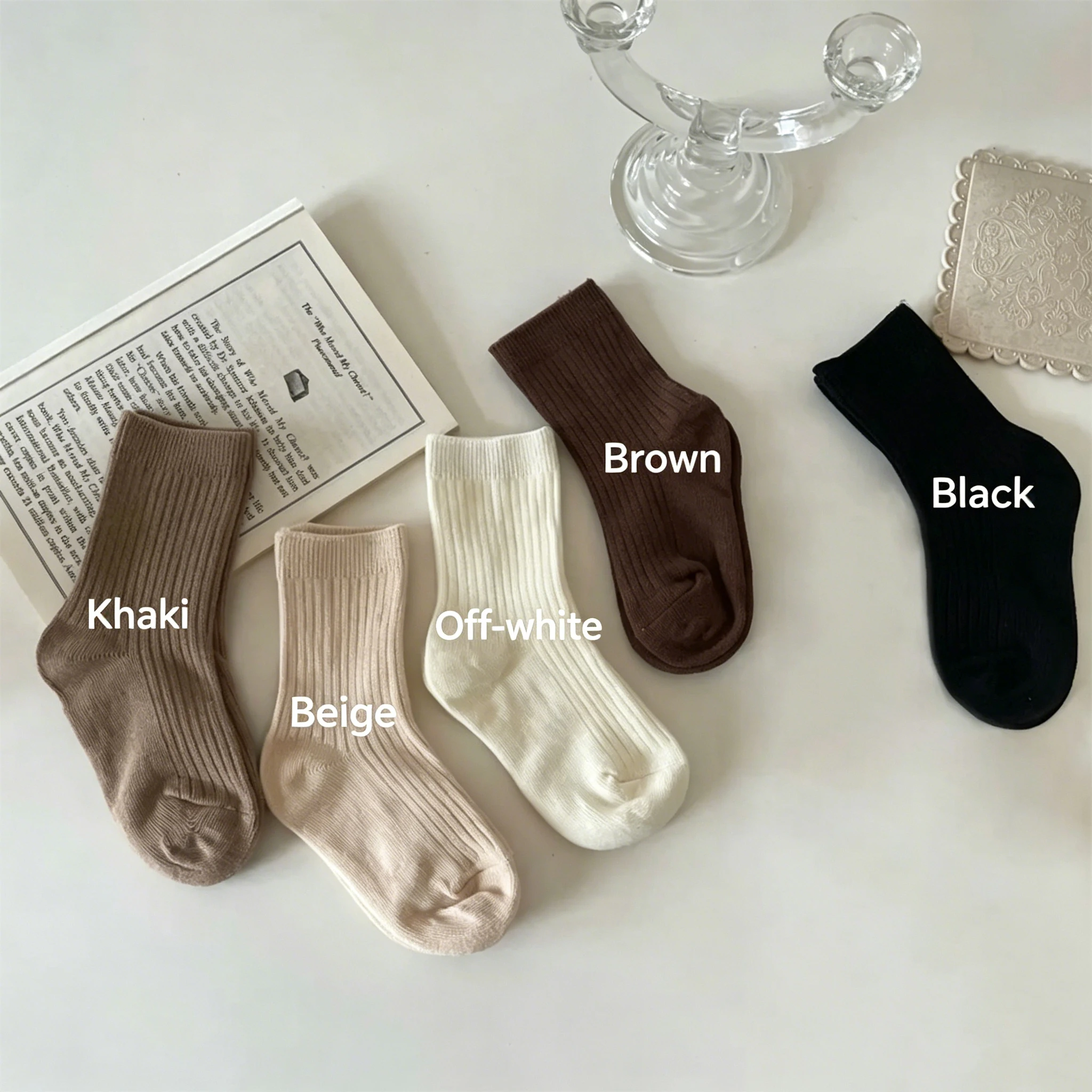 5 Pairs Kids Solid Ribbed Mid‑calf Socks Neutral Color Soft Breathable Daily Crew Socks For Boys Girls