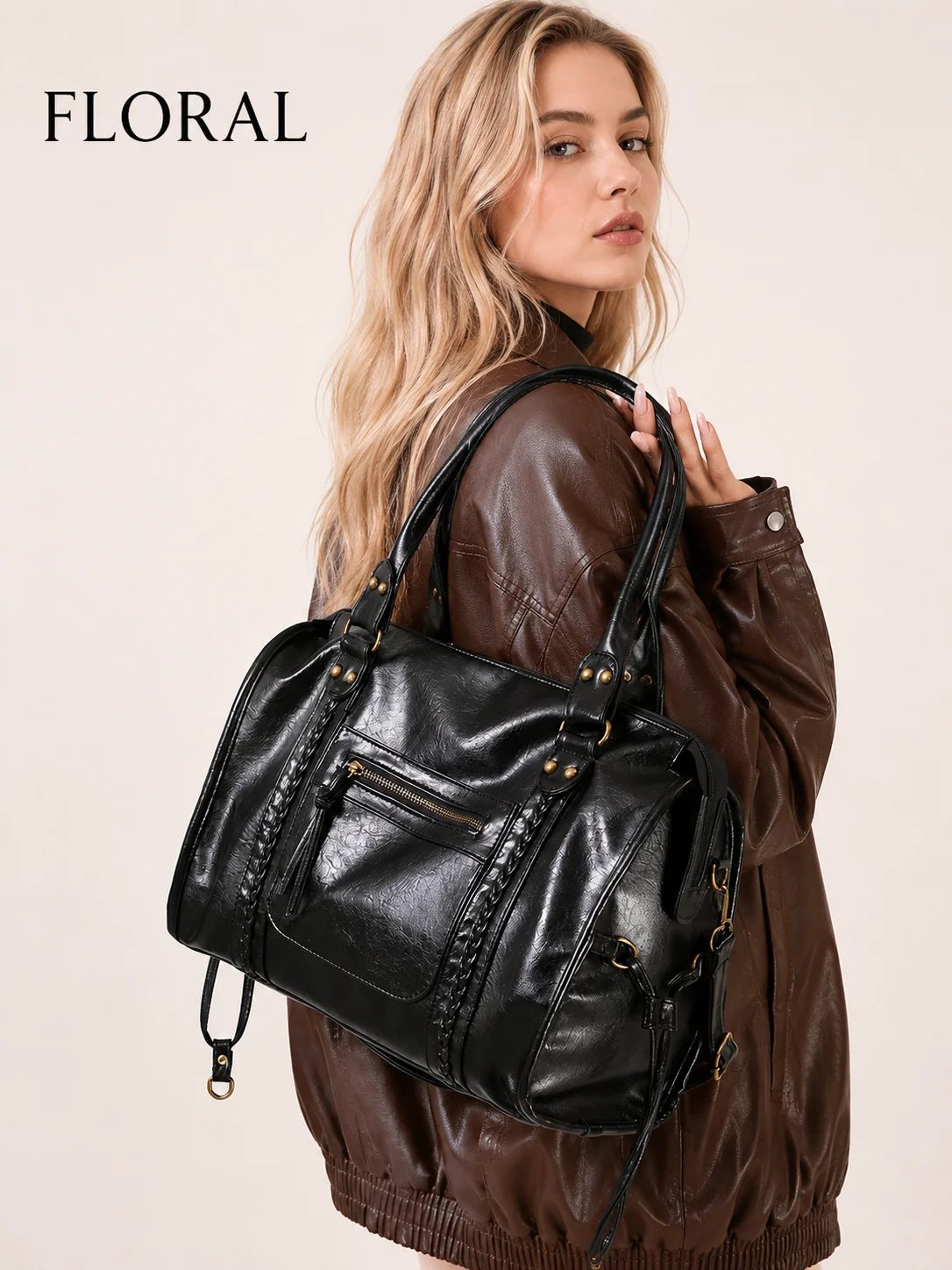 FLORAL Vintage Washed PU Leather Tote Bag Large Capacity Handbag with Zipper Pocket Woven Detail Unisex Shoulder Crossbody Trave