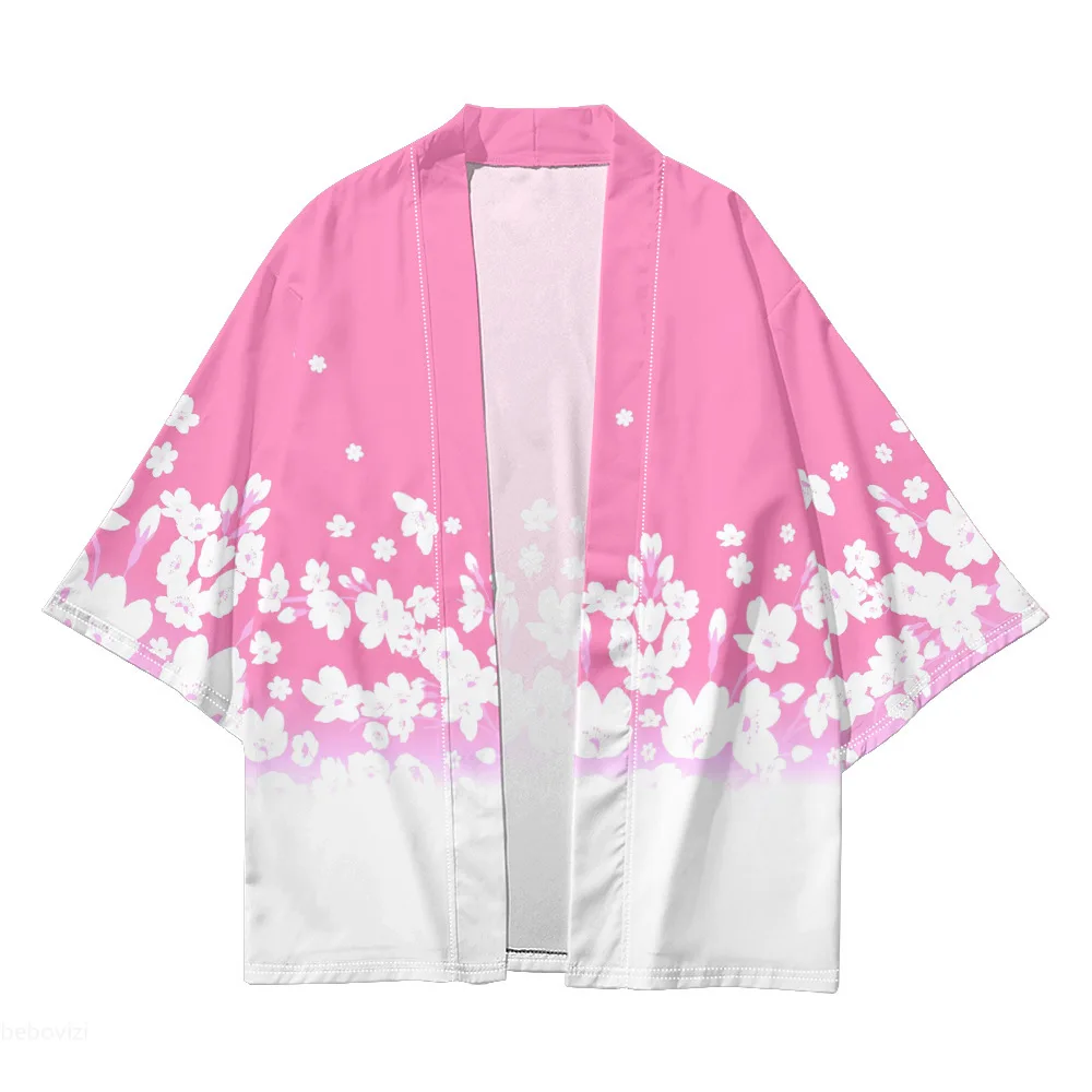 سترة مطبوعة بالزهور الوردية هاوري بيتش يوكاتا موضة كيمونو غير رسمية ملابس الشارع للرجال والنساء ملابس آسيوية كبيرة الحجم #6