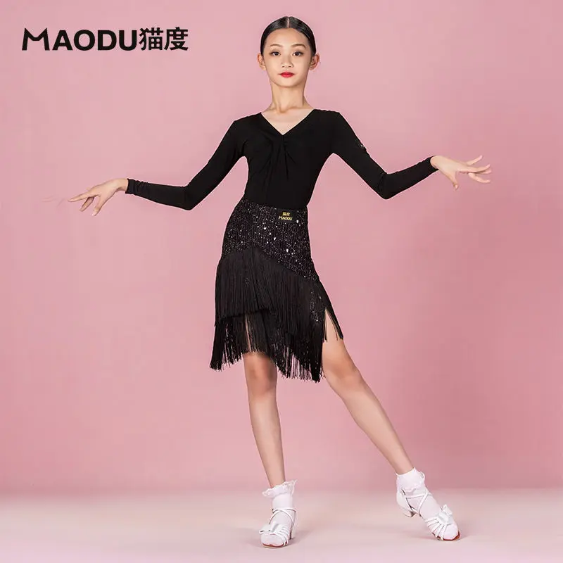 Womens Latin Dance Dress Women Adult Latin Dance Practice Dress Tap Dance Show Black Tassel Dress