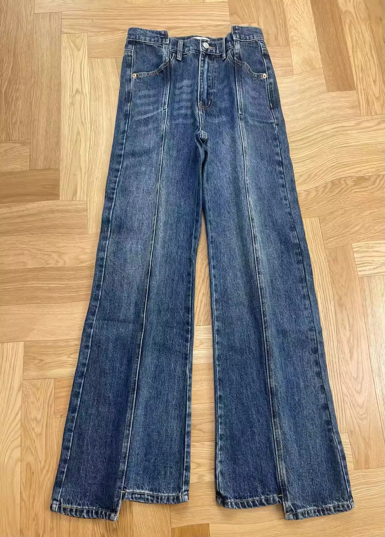 

Women Blue Flared Jeans Irregular High Waist Straight Casual Slim Denim Pants