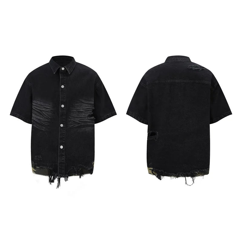 Men's Distressed Ripped Denim Short Sleeve Shirt Shorts Set 2 Piece Summer Streetwear Vintage Camo Patchwork Washed Jean Outfits view 3