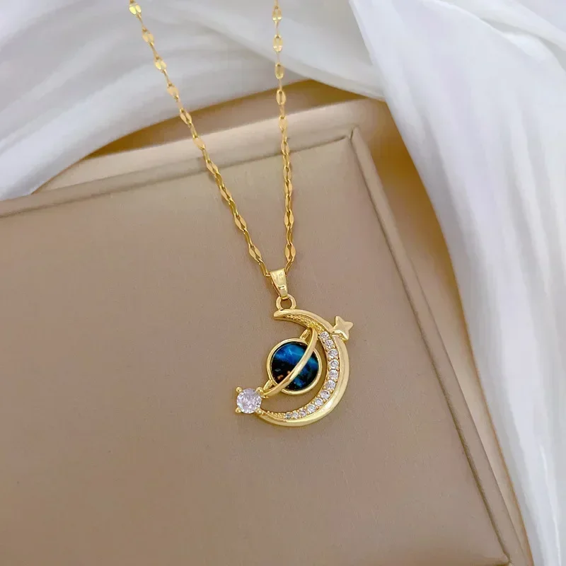 New in Women's Saturn Jewellery Luxury Designer Star Pendant Necklace for Women Stainless Steel Chain Jewelry Girl Birthday Gift