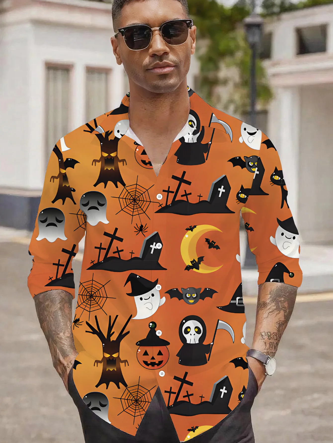 Men Long Sleeve Button Down Shirt Orange Halloween Ghost Pumpkin Tomb Print Polyester Lapel Collar Party