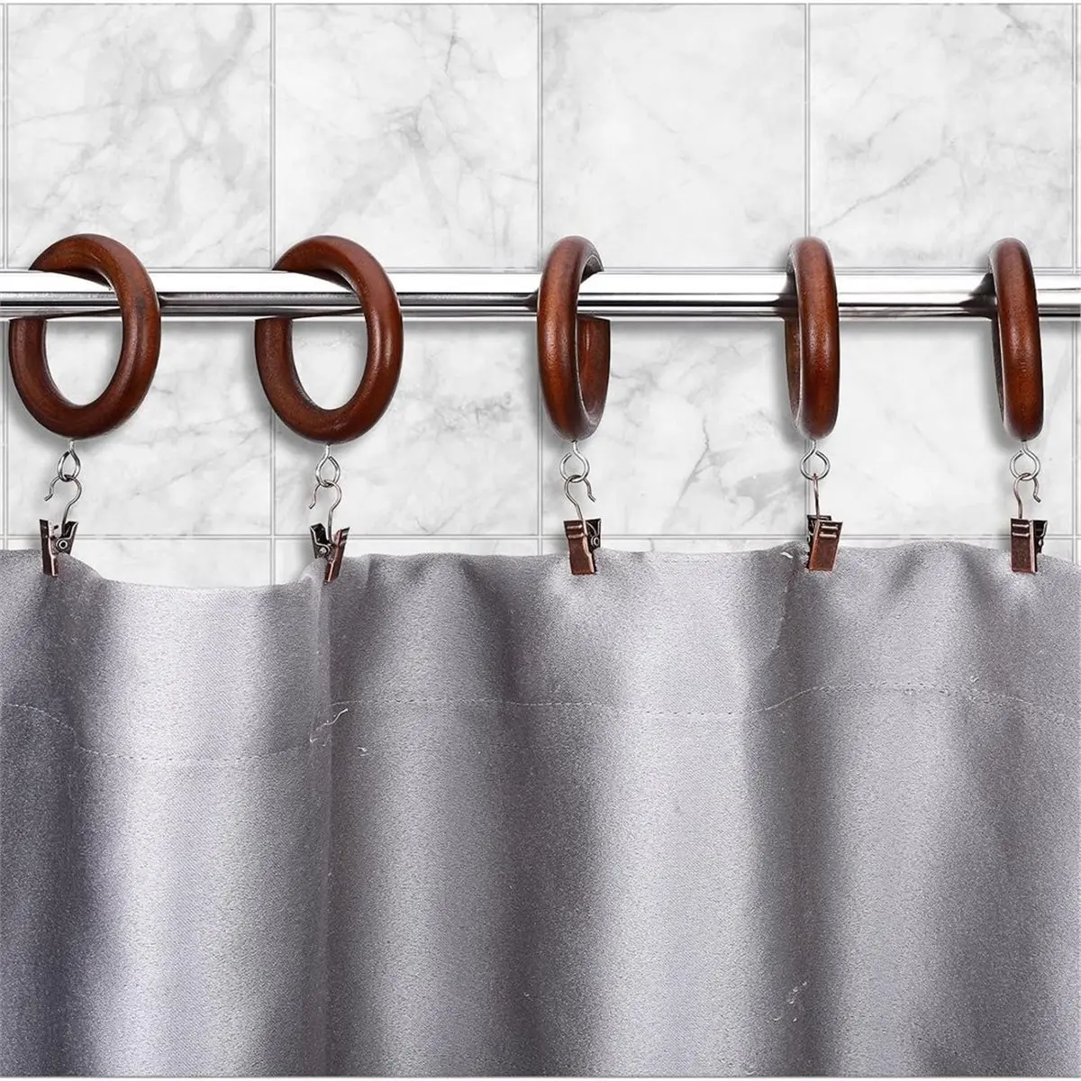 16 Pack Wood Curtain Rings with Drapery Clips, 2.76 Inch Outer Diameter Wooden, 1.7 Inch Inner Diameter for 1-1.5 Rods A