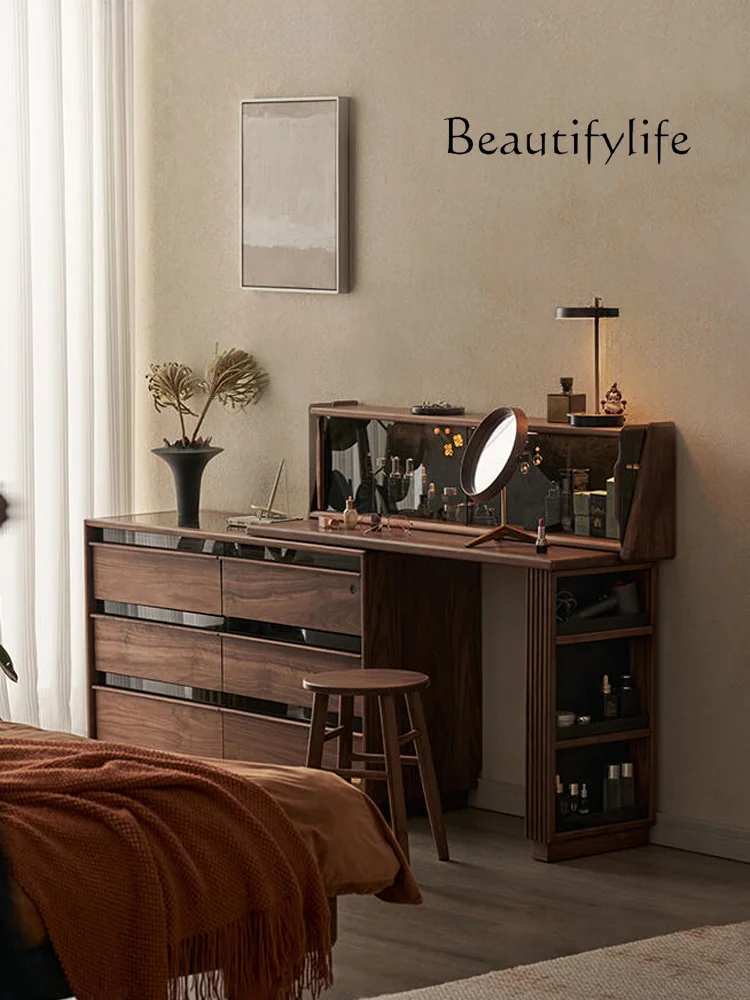 Solid Wood Chest of Drawers Dresser All-in-One Cabinet Makeup Table Bed Front Cabinet Black Walnut Stretchable Storage Corner