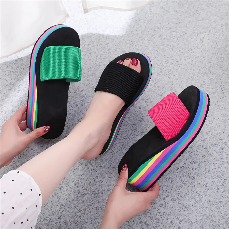 Summer Women\'s Flip Flops Fashion Bohemian Rainbow Female Beach Flip Flops Casual Flat Ladies Slipper Comfortable Women Shoes