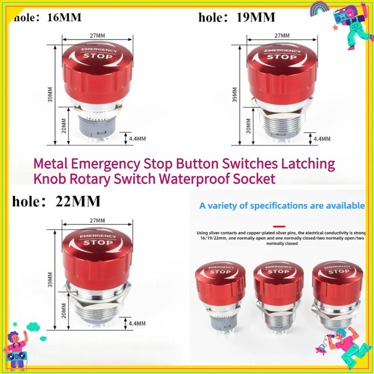 1PCS 16/19/22mm Metal Aluminum Emergency Stop Switch Push Button Switch Latching NO NC 1NO 1NC Pin Terminal Red Mushroom Stop
