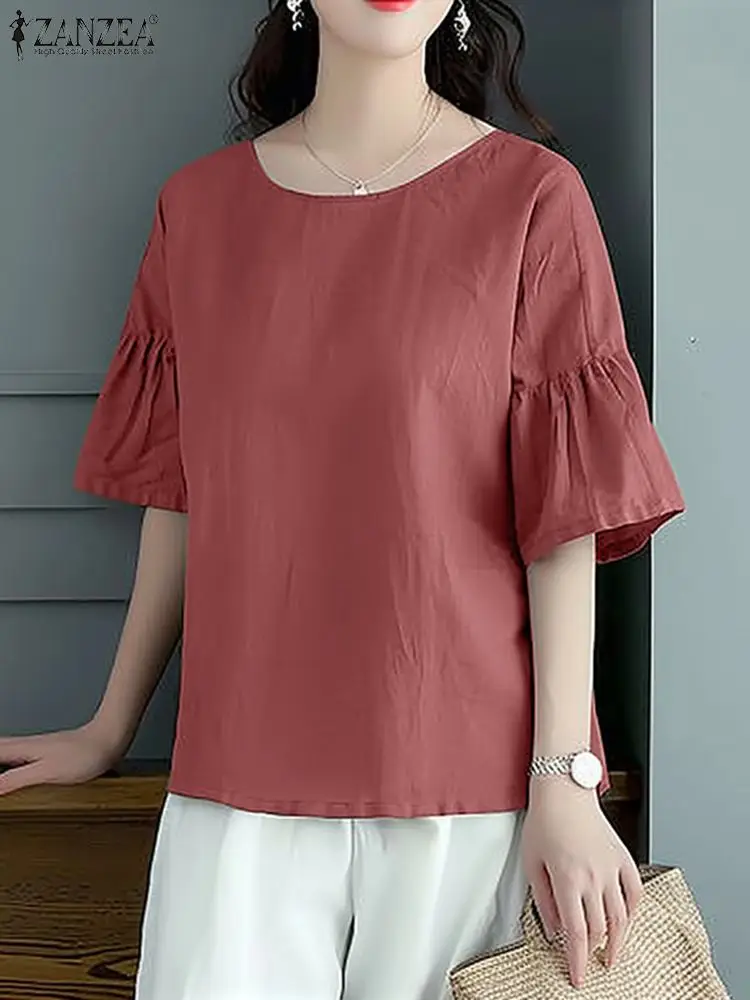 ZANZEA Women Casual Solid Blouse Vintage Ruffled Half Sleeve Tops 2024 Summer Holiday O-neck Tunics Korean Fashion Basic Blouse