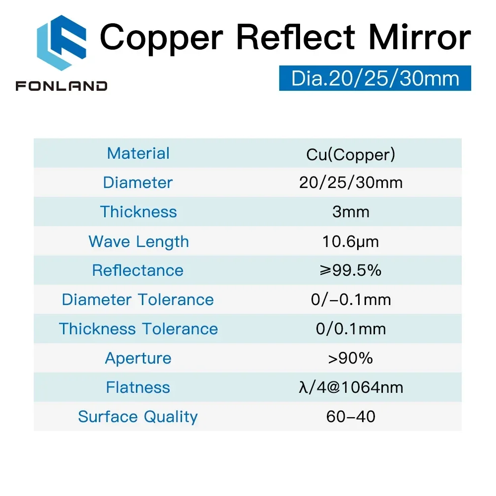 銅製反射ミラー,Co2レーザー切断および彫刻機用,cu,fonland,直径18mm, 19mm, 20mm, 25mm, 30mm, 1個,3個