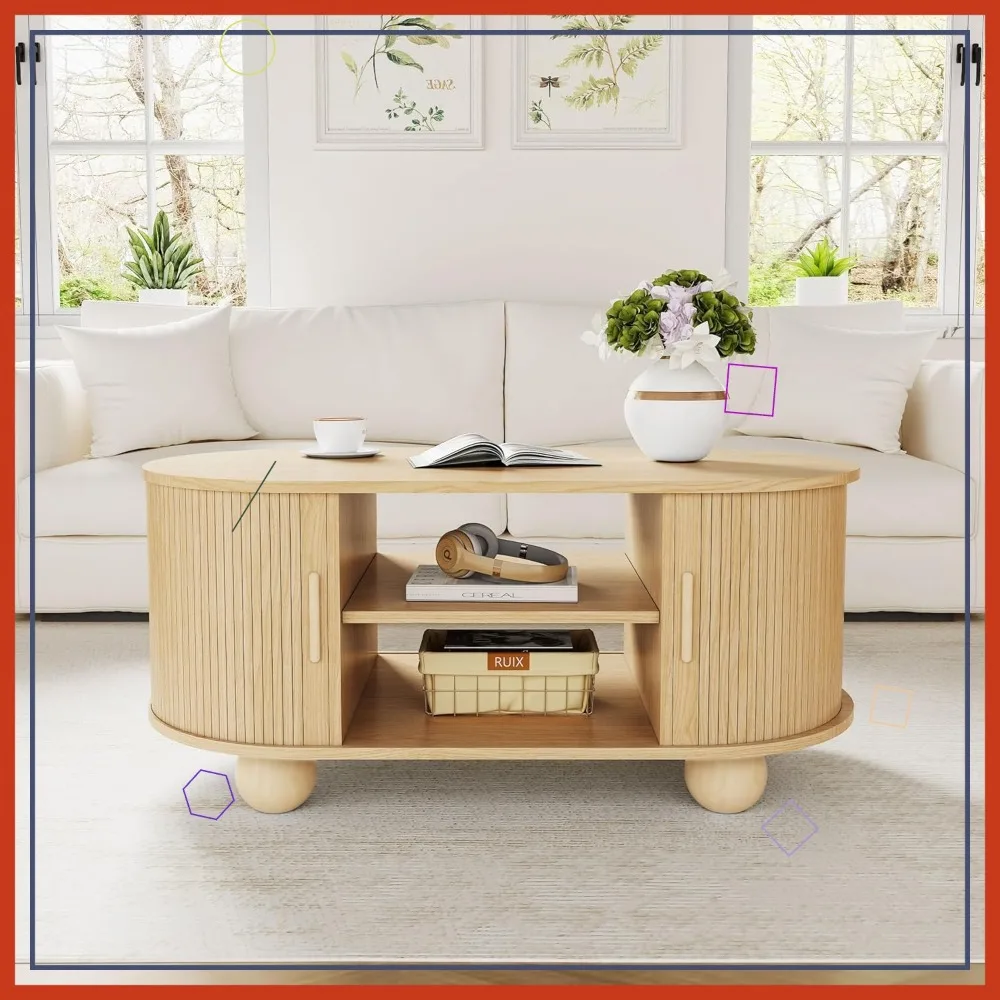 

Rectangle Coffee Table with Storage & Sliding Doors, Fluted Design for Living Room, Mid-Century Style (Natural)